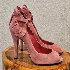 Casadei Pink‎ Suede Ruffle Heel Peep Toe Pumps Made in Italy Size 7 Leather